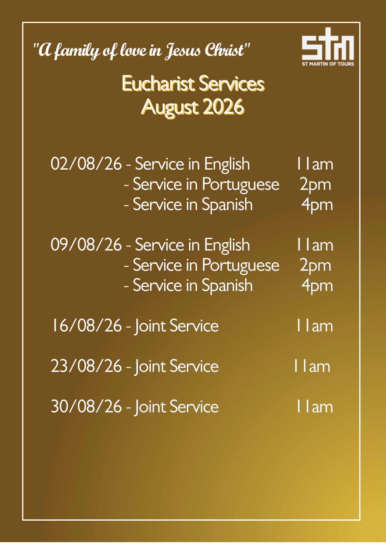 Calendario de Misas – Agosto de 2026